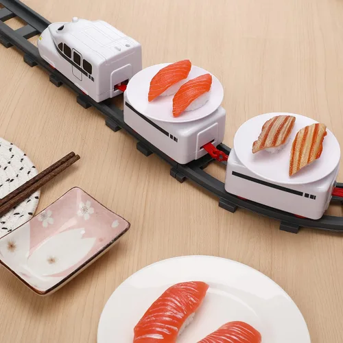 Vista 8 de Tren de sushi, mesa giratoria de tren alimentario, juguete eléctrico con pilas, platos japoneses de sashimi debajo del árbol de Navidad, pista