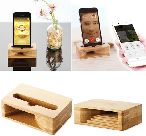 Vista 2 de Fanshu - Amplificador de soporte para teléfono celular, soporte universal portátil de madera para teléfono celular, soporte de cama de bambú