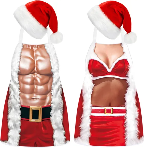Vista 7 de 4 Piezas de Delantales de Navidad con Sombreros para Mujeres y Hombres, Delantales de Cocina Ajustables Divertidos para Cocinar para BBQ y Fiesta