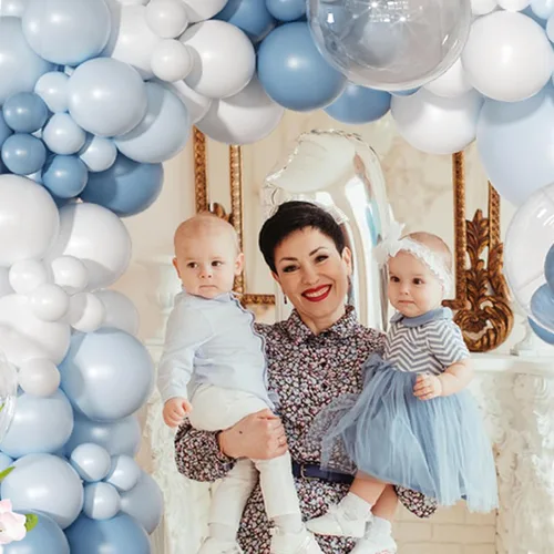 Vista 9 de Kit de arco de globos azul empolvado, 126 piezas, kit de guirnalda de arco de globos azul claro y blanco, incluye globos de macarón para bodas