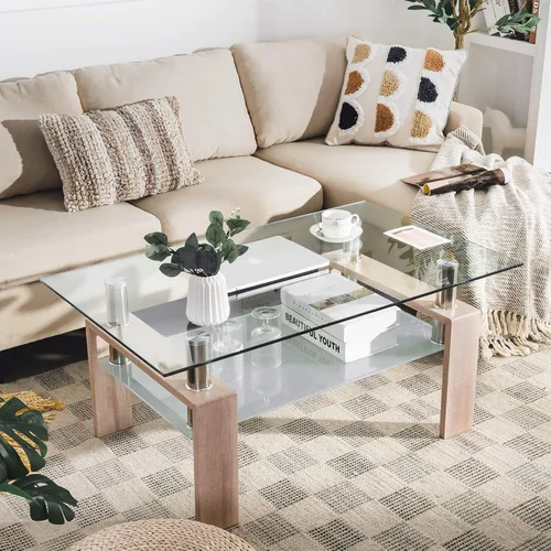 Vista 2 de Tangkula Mesa auxiliar rectangular de cristal, mesa auxiliar moderna con estante inferior, mesa de vidrio templado y patas de metal, adecuada
