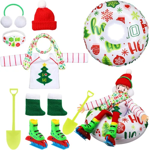 Vista 7 de Jenaai Conjunto de 9 Piezas de Accesorios Navideños Ropa Navideña Incluye Tubo de Nieve Inflable, Orejeras, Bufanda, Suéter, Bota, Máscara