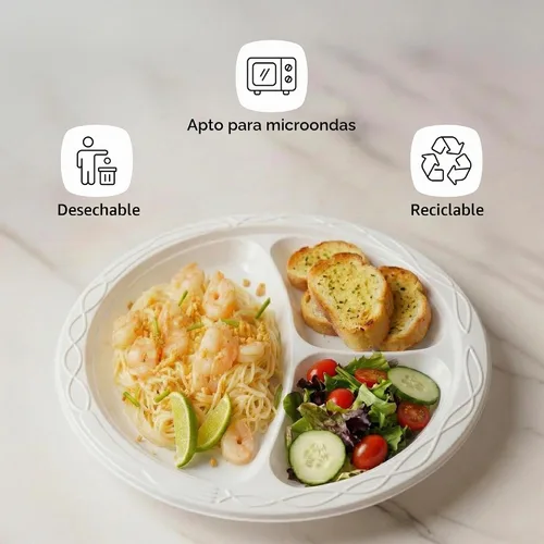 Vista 4 de Restaurantware -Chef 101 Platos de comida para microondas de 10.4 pulgadas, 100 platos redondos de plástico, 3 compartimentos, desechables, platos
