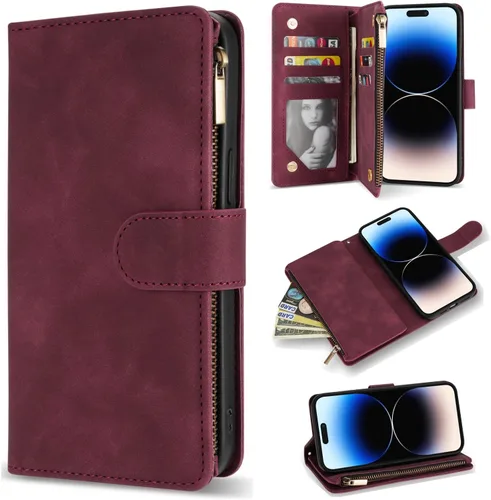Vista 22 de ZZXX Funda tipo cartera para iPhone 14 Plus con [Bloqueo RFID] Ranura para tarjetas Cuero PU suave premium con cremallera tipo folio plegable