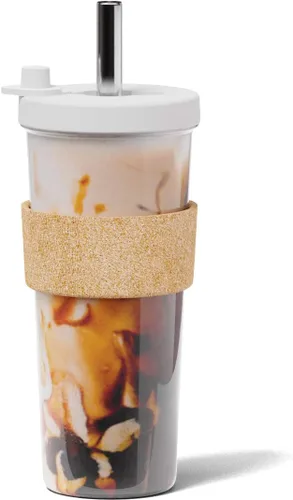 Vista 10 de Dodoko Vaso Boba reutilizable con pajilla, vaso para café helado y batido, de 24 onzas, rosa burbuja