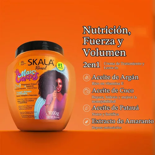 Vista 3 de SKALA Mais Crespos Crema de tratamiento 2 en 1 y acondicionador sin enjuague, desenredante e hidratación para cabello rizado y rizado, 35.2 onzas