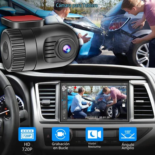 Vista 4 de Estéreo de auto doble DIN con cámara de salpicadero, control de voz Carplay, Android Auto, controles del volante, pantalla táctil HD de 7 pulgadas