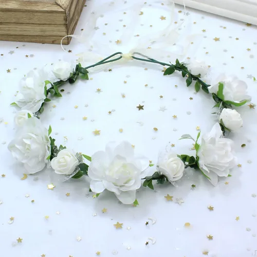 Vista 3 de DDazzling Diadema de flores para niñas, guirnalda bohemia con halo para el cabello, corona de flores, accesorios para fotos