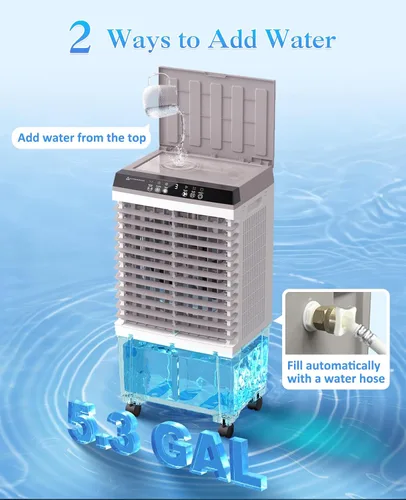 Vista 3 de Enfriador de aire portátil con tanque de agua de 5.3 galones, enfriador de aire evaporativo de 1800 CFM con 4 cajas de hielo, oscilación de 120°
