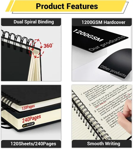 Vista 5 de EUSOAR Cuadernos para el trabajo, 1 paquete A4 de 8.3 x 11.2 pulgadas, tapa dura, rayado en espiral con renglones universitarios, 240 páginas
