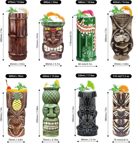 Vista 2 de LINALL Tiki Mugs - Juego de 8 tazas de cóctel de cerámica hawaiana Luau para fiesta, vasos de cóctel exóticos, Tiki Bar profesional hawaiano