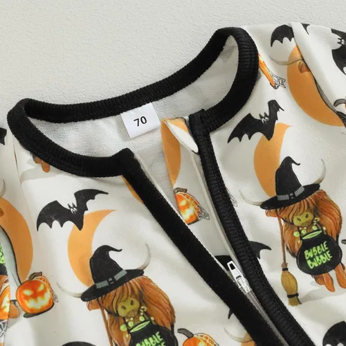 Vista 4 de Wrrkayly Ropa de Halloween para bebés niños y niñas, recién nacidos, manga larga, con capucha, mameluco de calabaza, fantasma, con cremallera