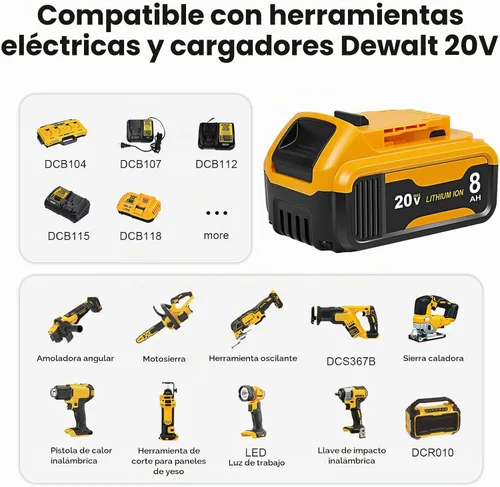 Vista 4 de Reemplazo de batería de 8.0Ah para batería Dewalt 20V MAX, con estación de cargador DCB112 Amarillo