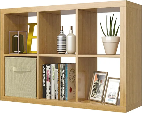 Vista 15 de Estantería con contenedor de almacenamiento, organizador de almacenamiento de 6 cubos, estantería abierta de madera moderna, estante de cubículos