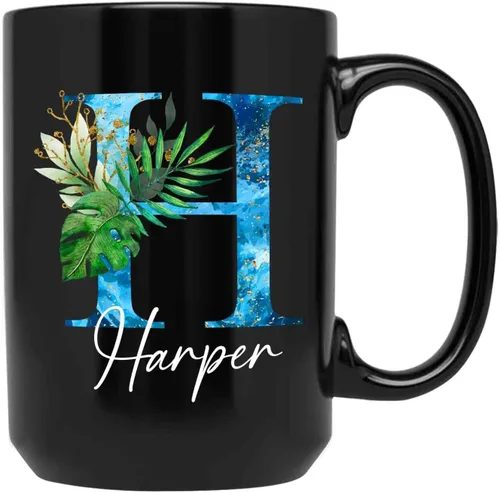 Vista 9 de Taza personalizada con nombre inicial, taza con monograma personalizado, 11 y 15 onzas, cerámica negra