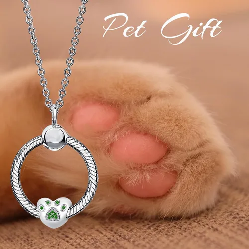 Vista 6 de QeenseKc Abalorio de corazón con diseño de pata de mascota con circonita cúbica para Pandöra y pulsera europea