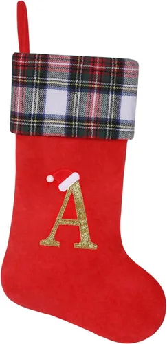 Vista 13 de Calcetines de Navidad personalizados con monograma inicial, adornos colgantes, medias clásicas de cuadros negros de 19 pulgadas, decoraciones