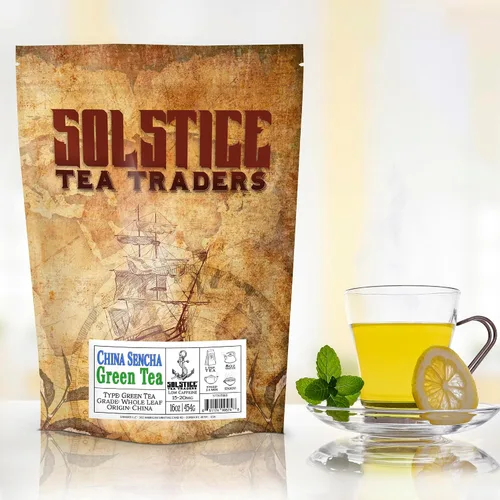 Vista 2 de Hojas sueltas té verde a granel Solstice Tea Traders, varios sabores en bolsa