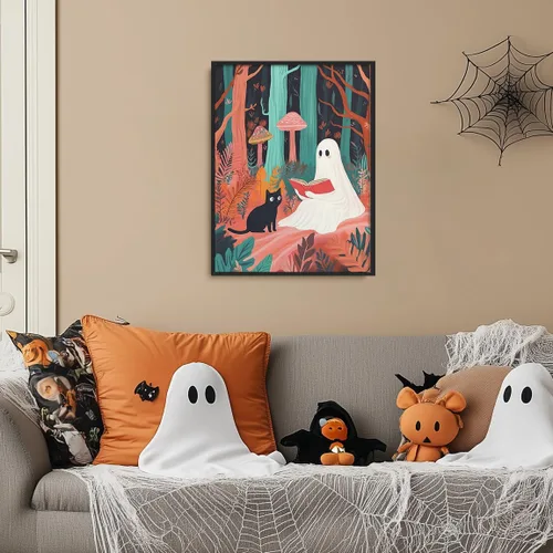 Vista 6 de Bonito arte de lectura de fantasmas, póster de pared de bosque de Halloween con hongos y plantas, impresión de lectura de fantasmas caprichosa
