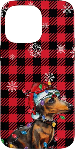 Vista 21 de iPhone 16 Dachshund Christmas Phone Case Red Plaid Pattern Christmas Lights Case