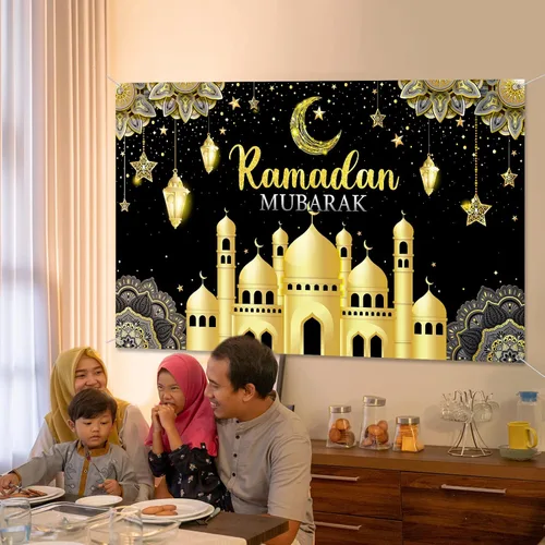 Vista 6 de Boyiee Decoración de Ramadán Mubarak, telón de fondo musulmán Ramadán Kareem, letrero de Eid Mubarak, fondo de cabina de fotos para el hogar, Negro
