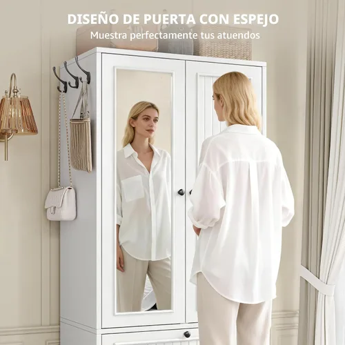 Vista 5 de iPormis Armario de madera con puerta de espejo y cajón, armario para recámara con 2 puertas para colgar ropa, color blanco