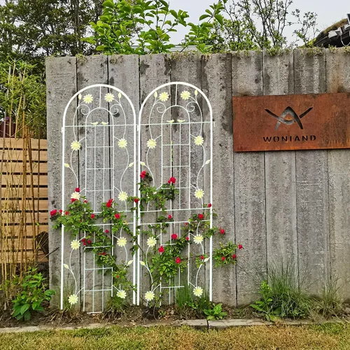 Vista 6 de Paquete de 2 enrejados de jardín de metal para plantas trepadoras, 71 pulgadas de alto, color blanco crema, valla de jardín, enrejado a prueba