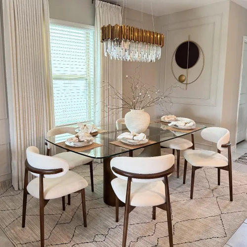 Vista 8 de POVISON Mesa de comedor de cristal de 79" para 6-8, mesa de comedor rectangular moderna, mesa de cristal templado con base de bronce en forma de U