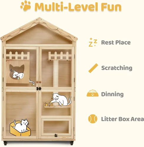 Vista 4 de MCombo Casa de madera para gatos de interior, condominio para gatos con entrada, jaula de gatito Catio con puertas y ruedas bloqueables, CT291