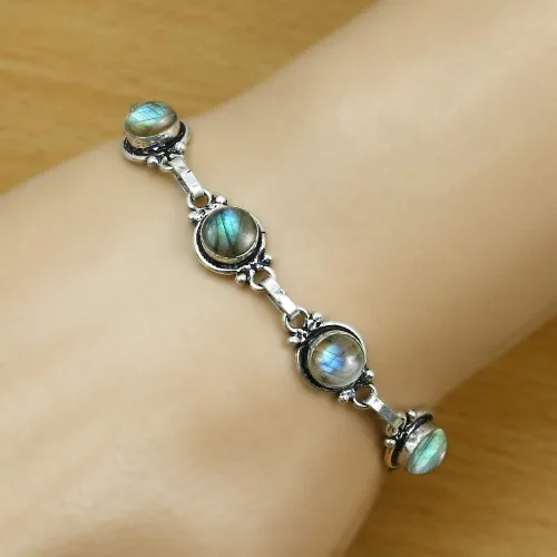 Vista 48 de Round Shape Natural & Synthetic Gemstones Silver Plated Bracelets for Women - Vintage Bohemian Style Handmade Birthstone Adjustable Link Bracelet