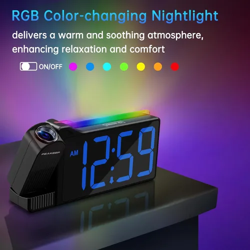 Vista 4 de Peakeep Projection Alarm Clock for Bedroom Ceiling 180° Rotatable, Loud for Heavy Sleepers, Colorful Nightlight, 5 Brightness Dimmable Large Number