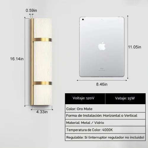 Vista 8 de Juego de 2 apliques de pared modernos para baño de 16 pulgadas, aplique de pared LED dorado con vidrio esmerilado blanco artesanal, iluminación