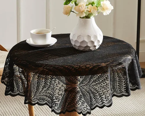 Vista 3 de Warm Home Designs Mantel de encaje negro. Mantel redondo pequeño de 36 pulgadas de diámetro. Mantel floral, superposición rústica o mantel bohemio