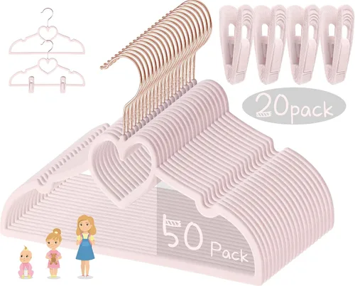 Vista 9 de Perchas de terciopelo beige con forma de corazón, paquete de 50 perchas para niños pequeños de 13 pulgadas con 20 clips, ultra delgadas y apilables