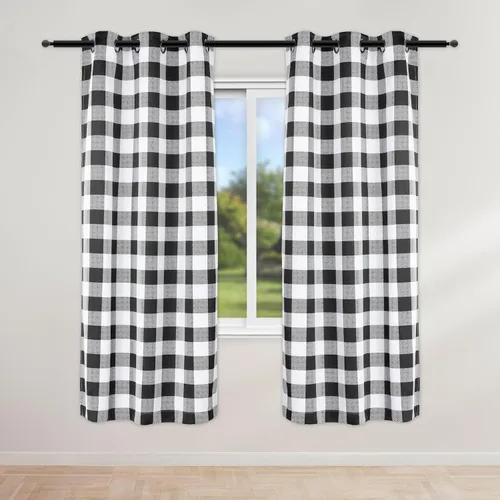 Vista 7 de Simple Deluxe 2 cortinas de cocina a cuadros de búfalo, cortinas cortas a cuadros para ventanas de media cafetería, 26 pulgadas de ancho x 36 Negro