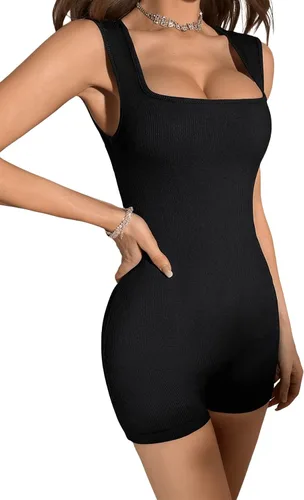 Vista 4 de Verdusa Enterizo corto de punto acanalado sin mangas con cuello cuadrado para mujer