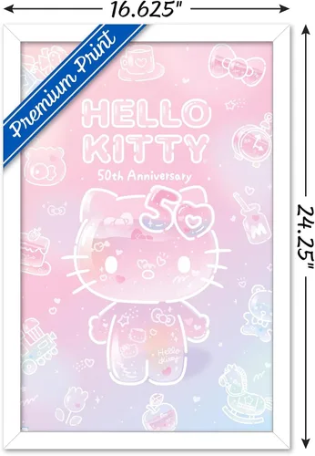 Vista 3 de Trends International Hello Kitty - Póster de pared de 50 aniversario, 14.72 x 22.37 pulgadas, versión enmarcada en blanco