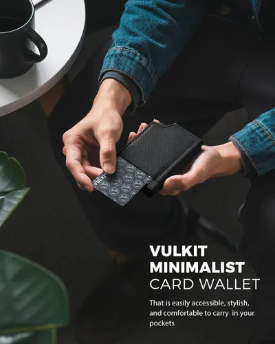 Vista 4 de VULKIT Tarjetero desplegable plegable con compartimento para dinero, estuche para tarjetas de visita minimalista con bolsillo frontal, Negro
