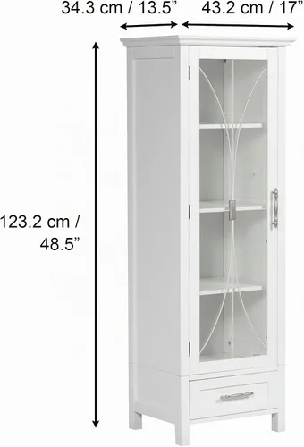 Vista 3 de Teamson Home Delaney Linen Tower - Torre alta y estrecha para baño, ahorra espacio de almacenamiento con 1 puerta de panel de vidrio, 3 estantes