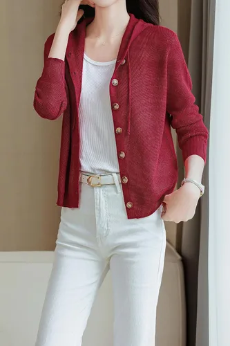 Vista 3 de LAI MENG FIVE CATS Cárdigan casual con capucha para mujer, suéteres de punto de manga larga a la moda 2023