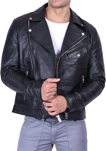 Vista 3 de Chaqueta Hombre - Cafe Racer Real Lambskin Leather Motorcycle Biker Jacket