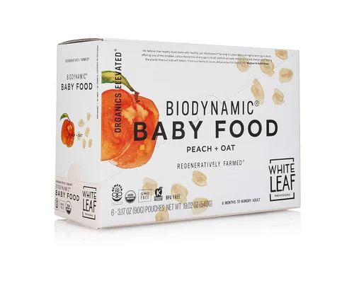 Vista 2 de White Leaf Provisions Alimentos biodinámicos y orgánicos para bebés, bolsas de puré de melocotón + avena sin azúcar para bebés, alimentos