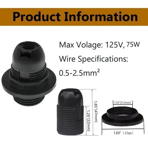 Vista 2 de TWDRTDD® Base Candelabro e12 de Baquelita con Rosca sin Llave, Toma de Lámpara con Anillo de Soporte de Sombra Metálica (3, Negro)
