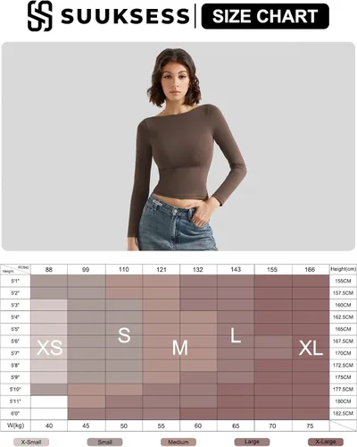 Vista 6 de SUUKSESS Camiseta de mujer con cuello redondo, manga larga, doblemente forrada, ajustada y corta Negro