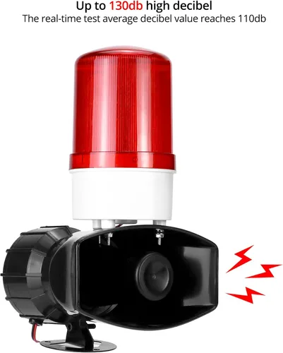 Vista 2 de QWORK Alarma de sonido y luz AC110V, alarma de alta intensidad de 115dB con 90-150 destellos por minuto, sistema de advertencia de emergencia LED