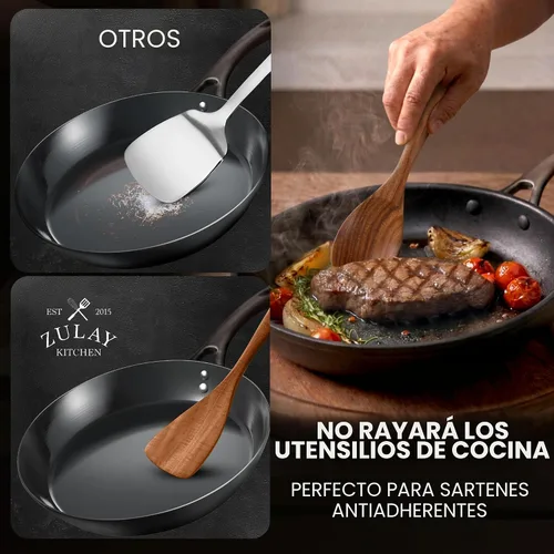 Vista 9 de Zulay Kitchen Juego de 6 cucharas de madera para cocinar, juego de utensilios de madera de teca natural, fácil de limpiar, duradero, suave