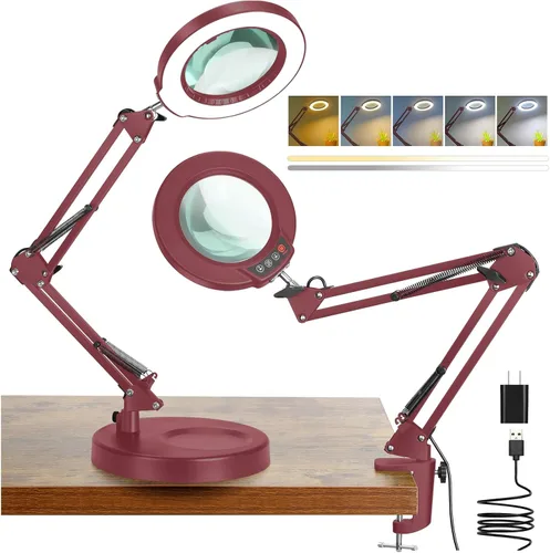 Vista 20 de Coyeth lupa de 10 aumentos con luz y abrazadera, lupa iluminada con soporte de vidrio real, lámpara de escritorio LED regulable sin escalones con 5