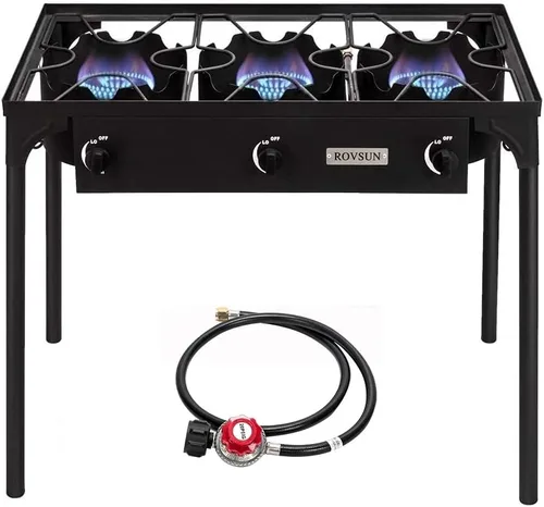 Vista 8 de ROVSUN Estufa de Gas Propano Portátil para Exteriores con 2/3 Quemadores, Cocina de Alta Presión con Soporte para Cocinar en el Patio, Acampar