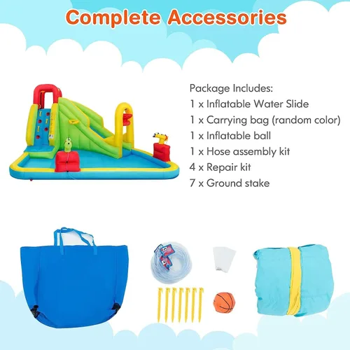 Vista 6 de OLAKIDS Tobogán acuático inflable, casa de rebote 7 en 1 con 2 toboganes, pared de escalada, piscina de salpicaduras, borde de baloncesto, 2