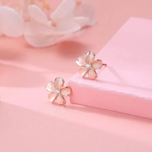 Vista 3 de Reffeer Aretes de tuerca de plata de ley 925 maciza con diseño de flor de plumeria para mujeres y adolescentes